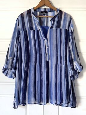 Cocomo Striped Tunic Top Womens 3X Blue Roll Tab 3/4 Sleeves Sheer Lined Office